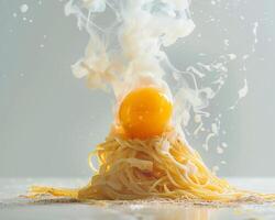 an egg is being splashed with water and spaghetti photo