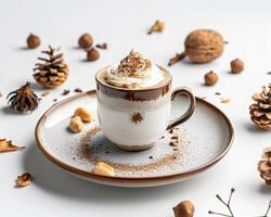 A cup of coffee with whipped cream and nuts photo