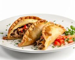 two empanadas are sitting on a white plate photo