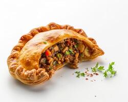 a meat pie with vegetables and herbs on a white background photo