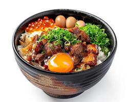 a bowl of rice with meat, eggs and vegetables photo