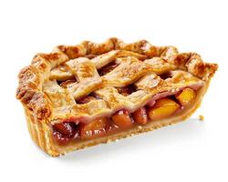 a slice of peach pie on a white background photo