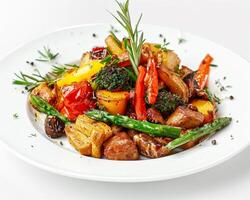 a plate of food with vegetables and meat on it photo