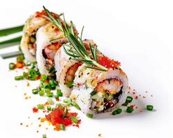 a sushi roll with vegetables and herbs on top photo