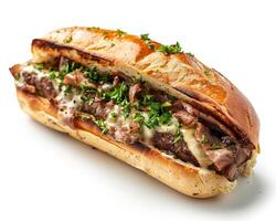 a sandwich with meat and cheese on a white surface photo