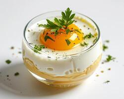 a glass of yogurt topped with an egg photo