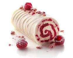 a white roll with raspberries and cream photo