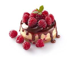 a cake with chocolate and raspberries on top photo