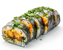 a sushi roll with vegetables and green onions photo