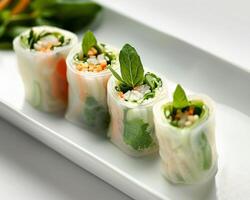 a plate with four rolls of food on it photo