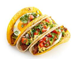 three tacos with eggs and vegetables on a white background photo