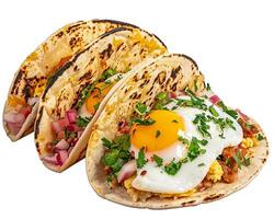 three tacos with an egg on top photo