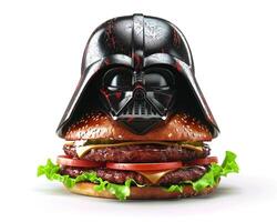 a burger with a darth vader helmet on top photo