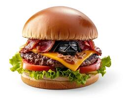 a hamburger with bacon, cheese and lettuce photo