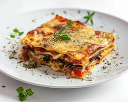 a plate topped with a lasagna with cheese and herbs photo