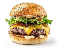 a large hamburger with cheese and bacon photo