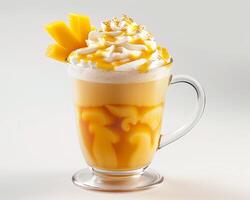 a glass coffee cup with whipped cream and mango slices photo