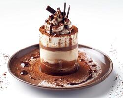 a dessert with chocolate and whipped cream on top photo