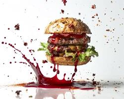 a hamburger is being splashed with red liquid photo