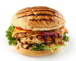a chicken burger with lettuce, tomato, onion and cheese photo
