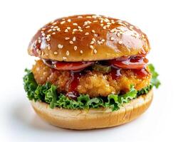 a close up of a burger with ketchup and lettuce photo