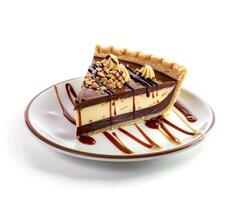 a slice of chocolate pie with caramel drizzle on top photo