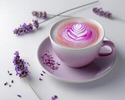 lavender and coffee cup with pink foam on white background photo