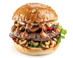 a hamburger with nuts and vegetables on it photo