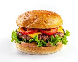 a hamburger with cheese, lettuce, tomato, and ketchup photo