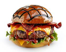 a hamburger with a spider web on top photo