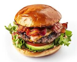 a hamburger with bacon, lettuce and tomato photo