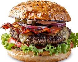 a hamburger with bacon, lettuce and tomato photo