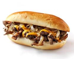 a hot dog with cheese and onions photo