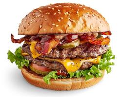 a large hamburger with bacon, lettuce and cheese photo