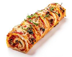a long roll of pizza with cheese and vegetables photo