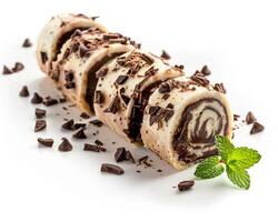 a roll of chocolate cake with chocolate frosting and mint leaves photo