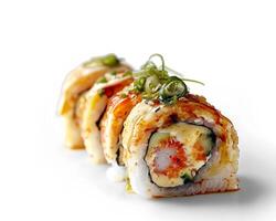 a sushi roll with green onions and other toppings photo