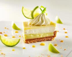 a slice of cake with lime slices on top photo