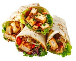 three wraps with chicken, lettuce and tomatoes photo