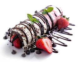 a chocolate covered strawberry ice cream roll with chocolate drizzle photo