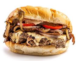 a large burger with cheese and onions on a white background photo