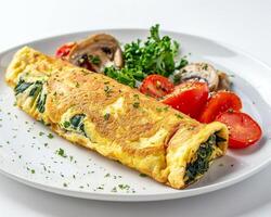 a plate of food with a breakfast omelet and vegetables photo