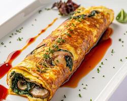 a long omelet with mushrooms and sauce on a plate photo