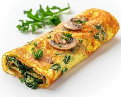 a white plate with a roll of omelet photo