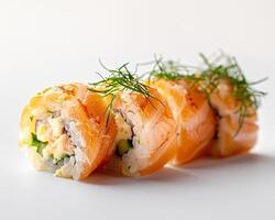 a sushi roll with salmon and cucumber on a white surface photo
