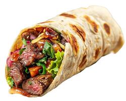 a burrito with meat and vegetables on a white background photo