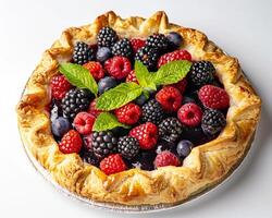 a pie with berries and mint leaves on top photo