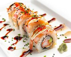 a sushi roll with sauce and garnish on it photo