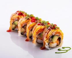 a sushi roll with sauce and vegetables photo