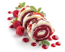 a roll of red velvet cake with cream and raspberries photo
